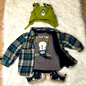 Gymboree boys 4 piece I flip for snow days set T shirt, fleece shirt, hat, shoes